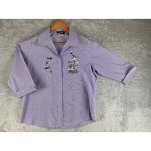 Vtg. Get Lucky Shirt‎ Women's Small Purple Embroidered Hummingbird 3/4 Sleeve